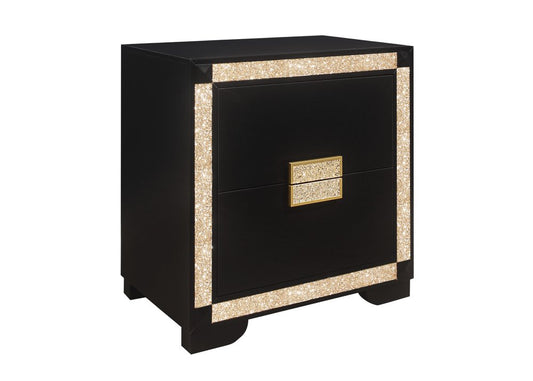 26" Black and Gold Two Drawer Faux Crystal Bling Wood Nightstand