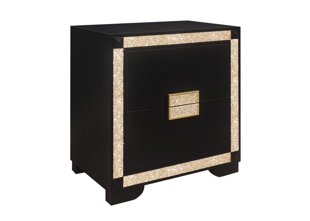26" Black and Gold Two Drawer Faux Crystal Bling Wood Nightstand