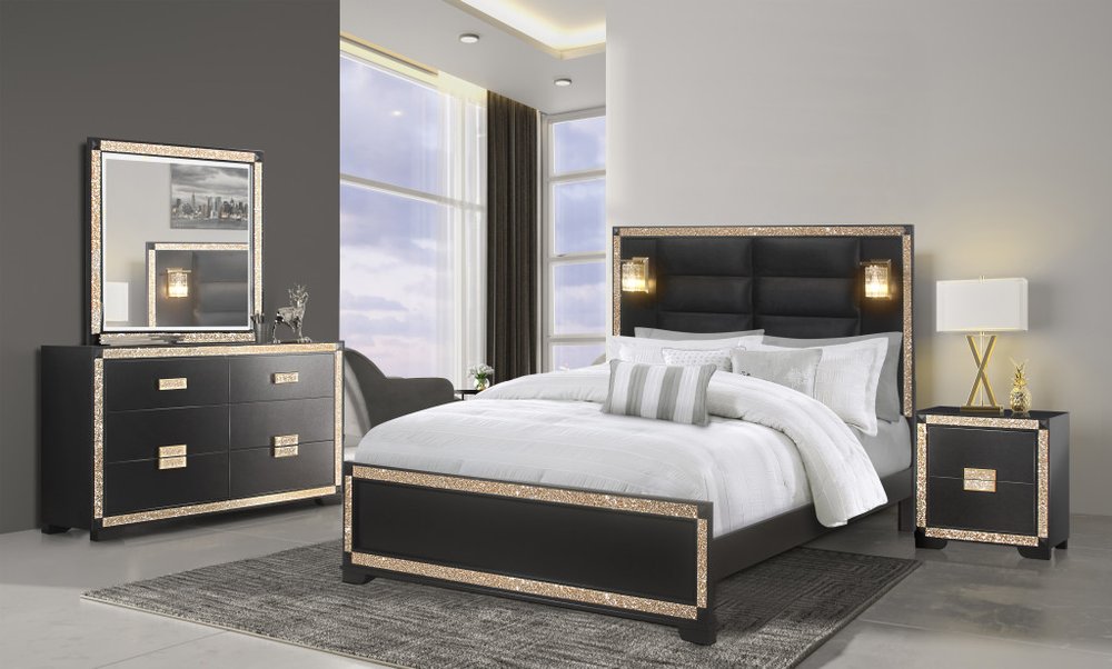 26" Black and Gold Two Drawer Faux Crystal Bling Wood Nightstand