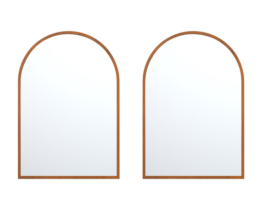 Set of Two Walnut Arch Wood Framed Bathroom Vanity Mirrors