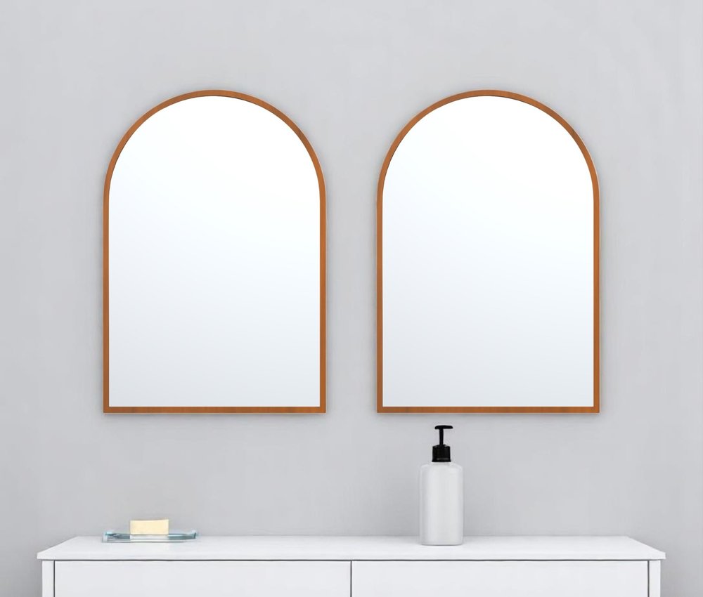 Set of Two Walnut Arch Wood Framed Bathroom Vanity Mirrors