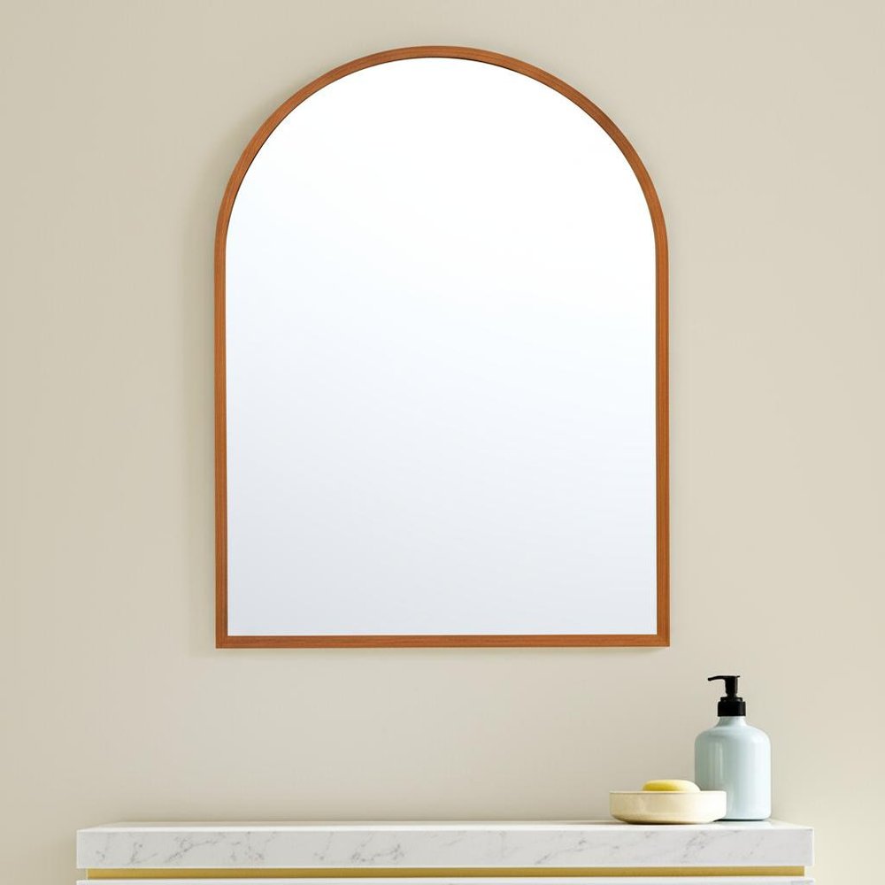 Set of Two Walnut Arch Wood Framed Bathroom Vanity Mirrors