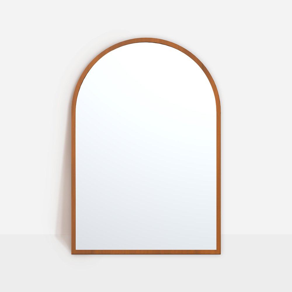 Set of Two Walnut Arch Wood Framed Bathroom Vanity Mirrors