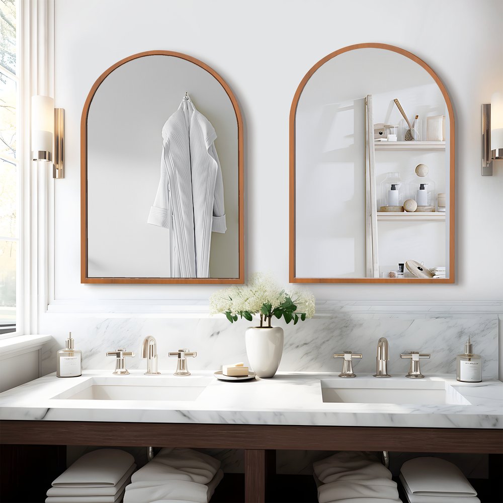 Set of Two Walnut Arch Wood Framed Bathroom Vanity Mirrors