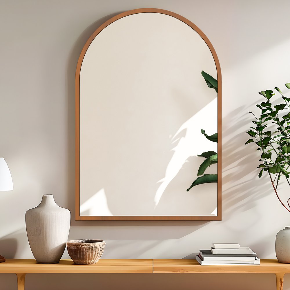 Set of Two Walnut Arch Wood Framed Bathroom Vanity Mirrors