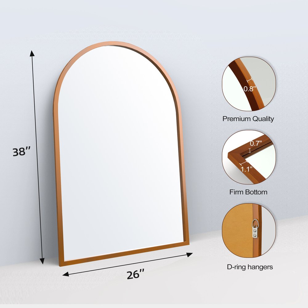 Set of Two Walnut Arch Wood Framed Bathroom Vanity Mirrors
