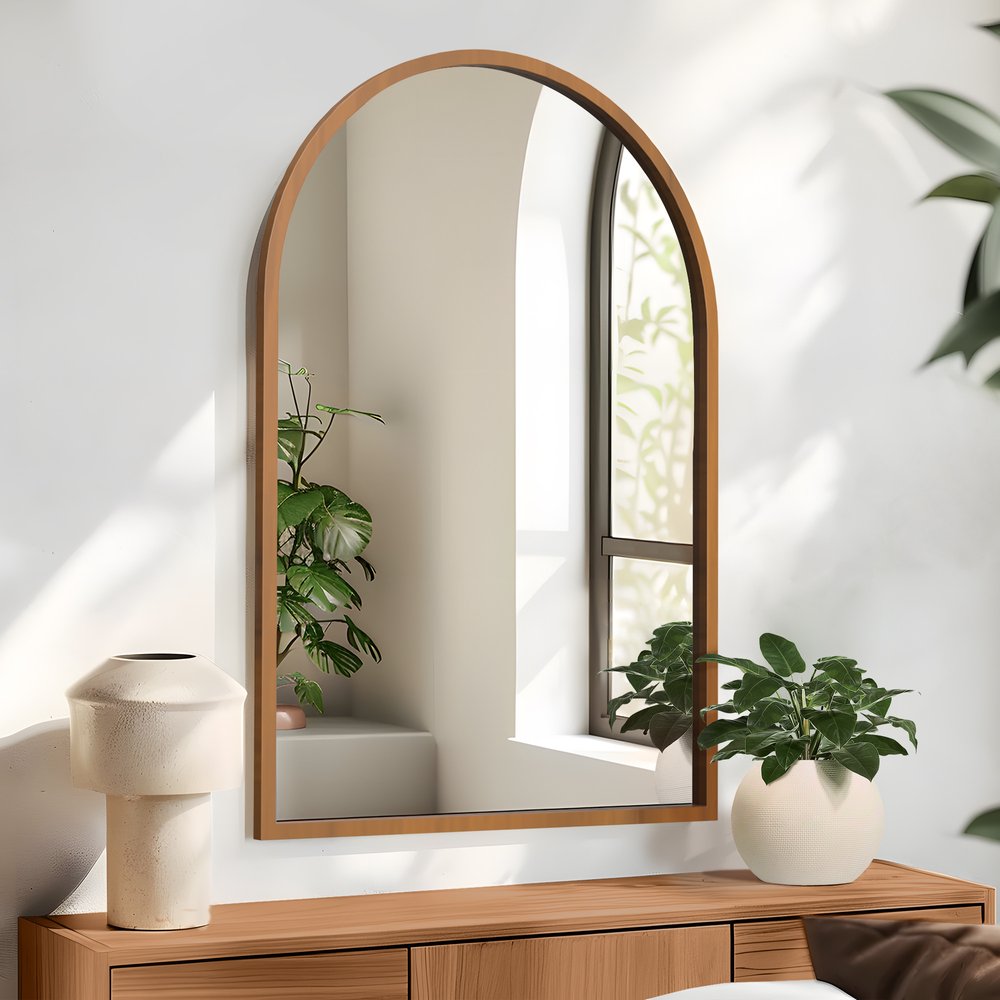 Set of Two Walnut Arch Wood Framed Bathroom Vanity Mirrors