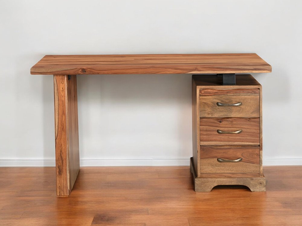 54" Brown Live Edge Solid Wood Writing Desk With Three Drawers