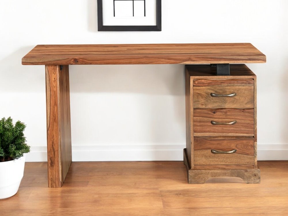 54" Brown Live Edge Solid Wood Writing Desk With Three Drawers
