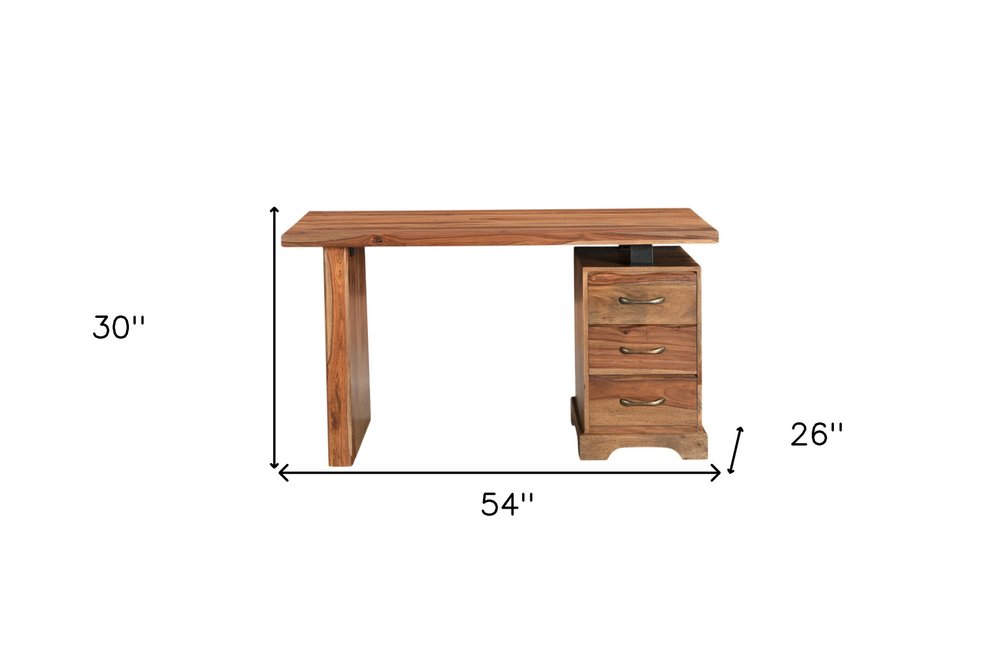 54" Brown Live Edge Solid Wood Writing Desk With Three Drawers