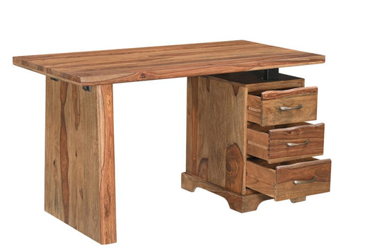 54" Brown Live Edge Solid Wood Writing Desk With Three Drawers