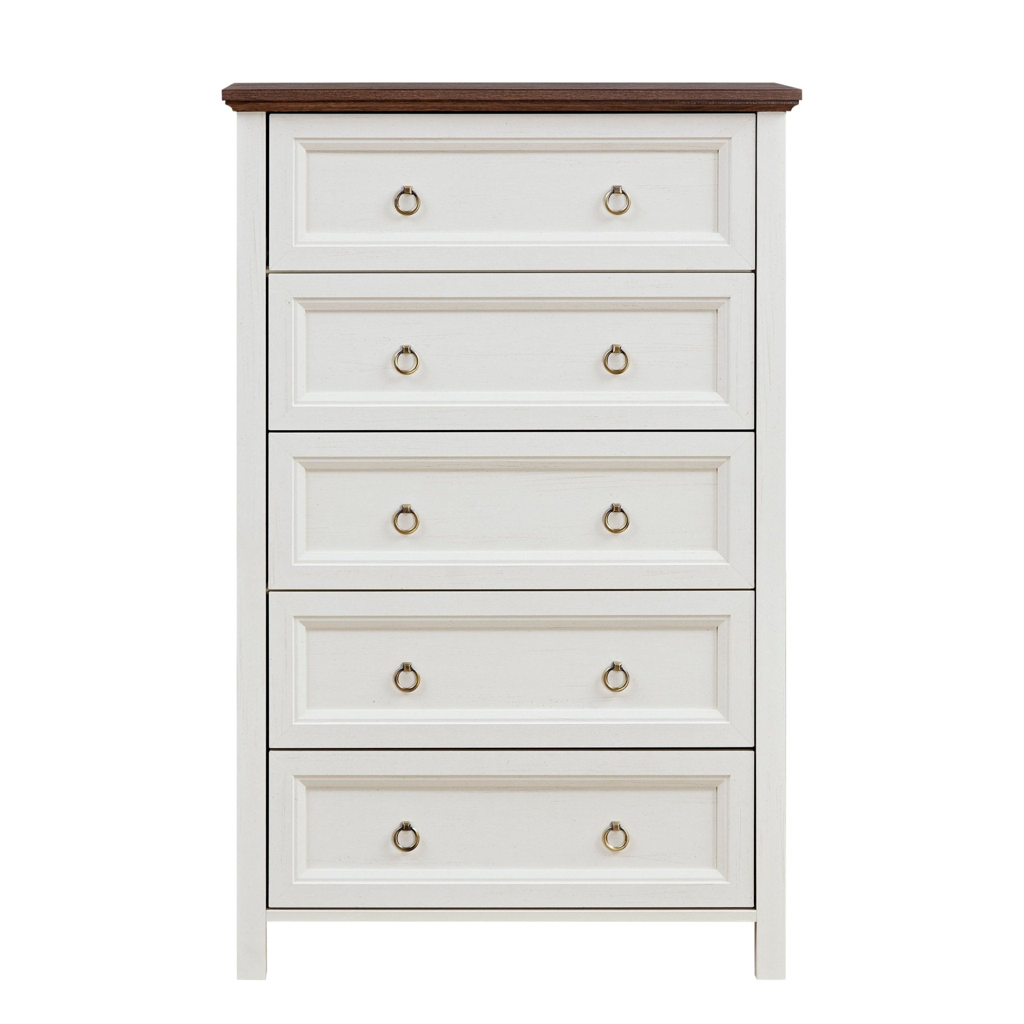 Anthony & Home farmhouse walnut dresser with five drawers, exclusive edition, natural wood finish and classic farmhouse style.