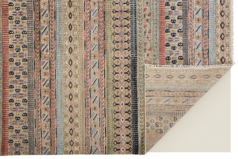 9' X 13' Tan Blue and Orange Striped Hand Knotted Area Rug
