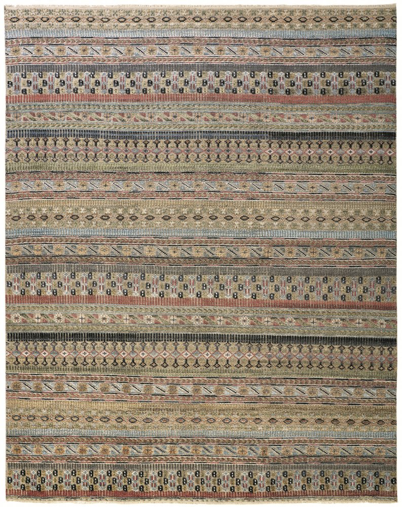 9' X 13' Tan Blue and Orange Striped Hand Knotted Area Rug