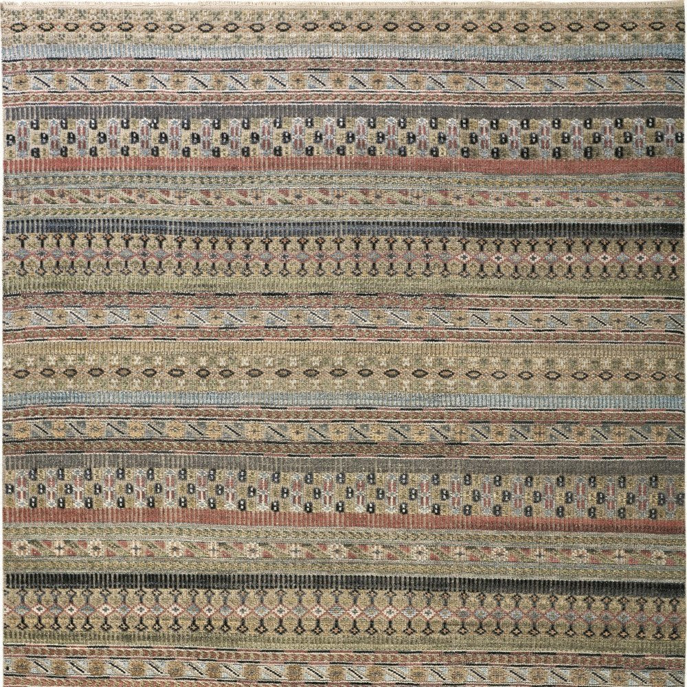 9' X 13' Tan Blue and Orange Striped Hand Knotted Area Rug