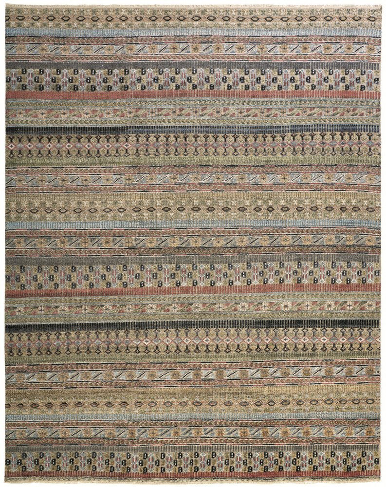 9' X 13' Tan Blue and Orange Striped Hand Knotted Area Rug