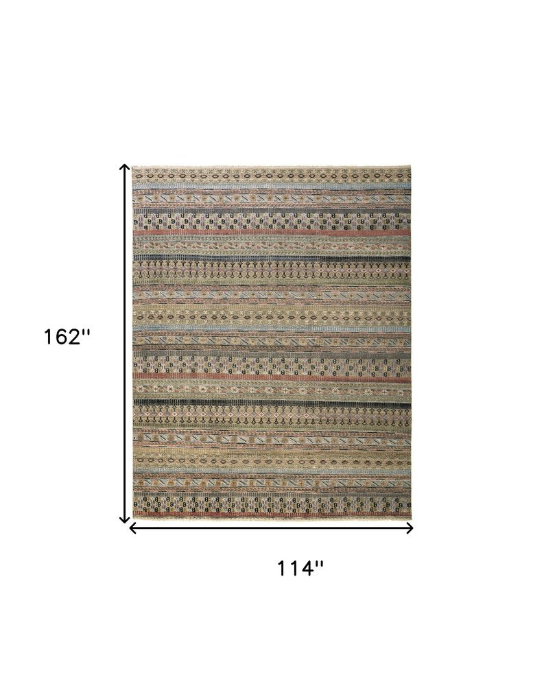 9' X 13' Tan Blue and Orange Striped Hand Knotted Area Rug