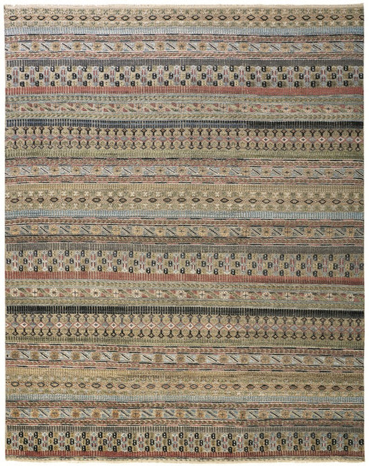 9' X 13' Tan Blue and Orange Striped Hand Knotted Area Rug