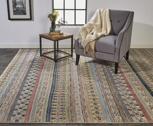 9' X 13' Tan Blue and Orange Striped Hand Knotted Area Rug