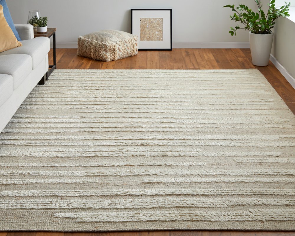9' X 13' White and Tan Wool Striped Hand Woven Area Rug