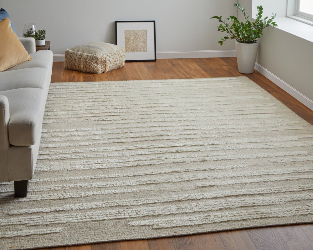 9' X 13' White and Tan Wool Striped Hand Woven Area Rug