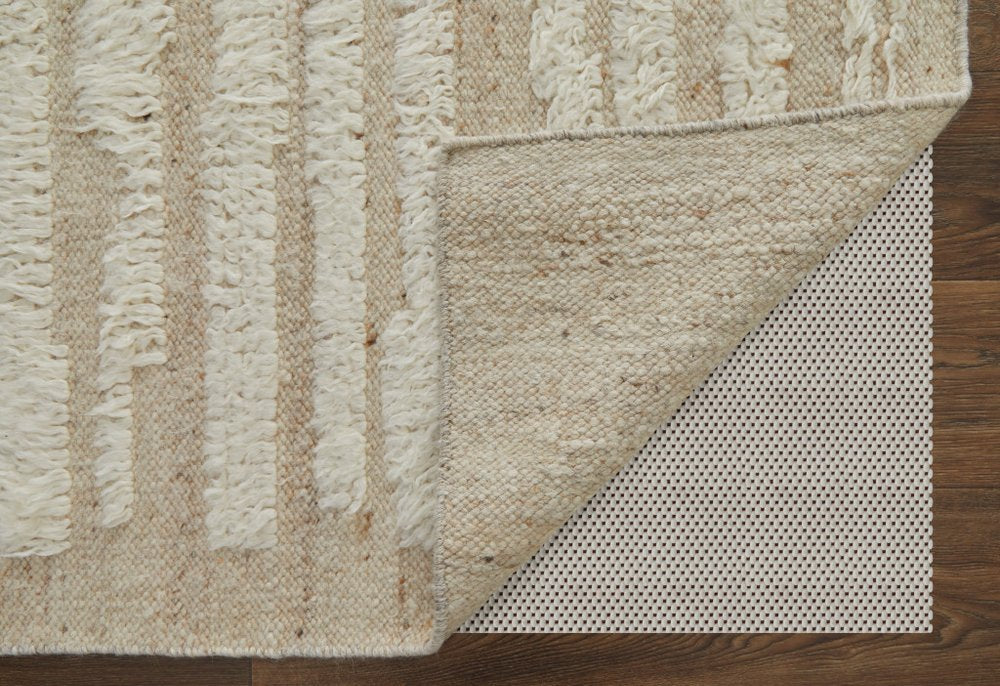 9' X 13' White and Tan Wool Striped Hand Woven Area Rug