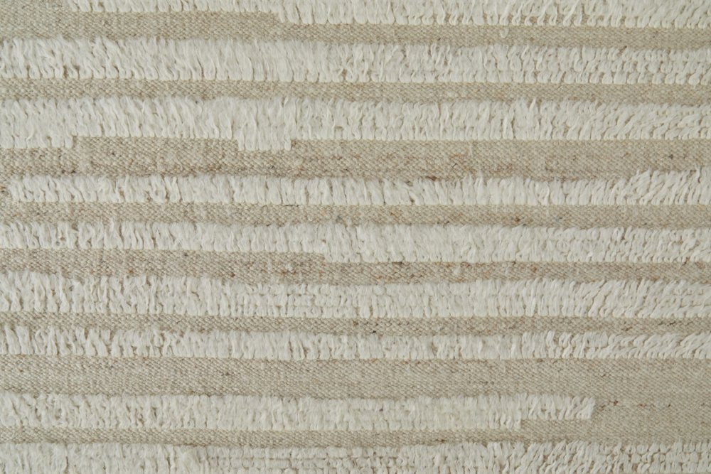 9' X 13' White and Tan Wool Striped Hand Woven Area Rug