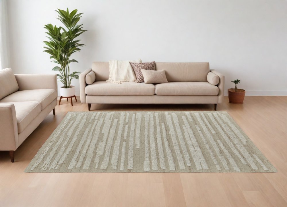 9' X 13' White and Tan Wool Striped Hand Woven Area Rug