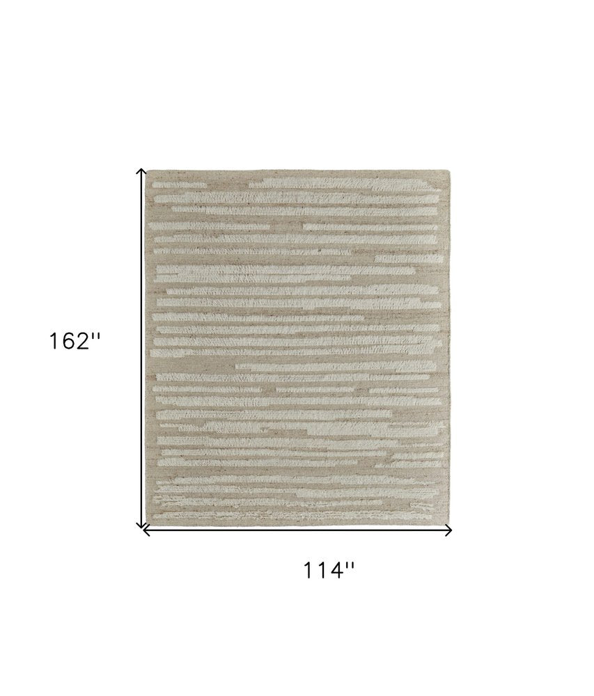 9' X 13' White and Tan Wool Striped Hand Woven Area Rug