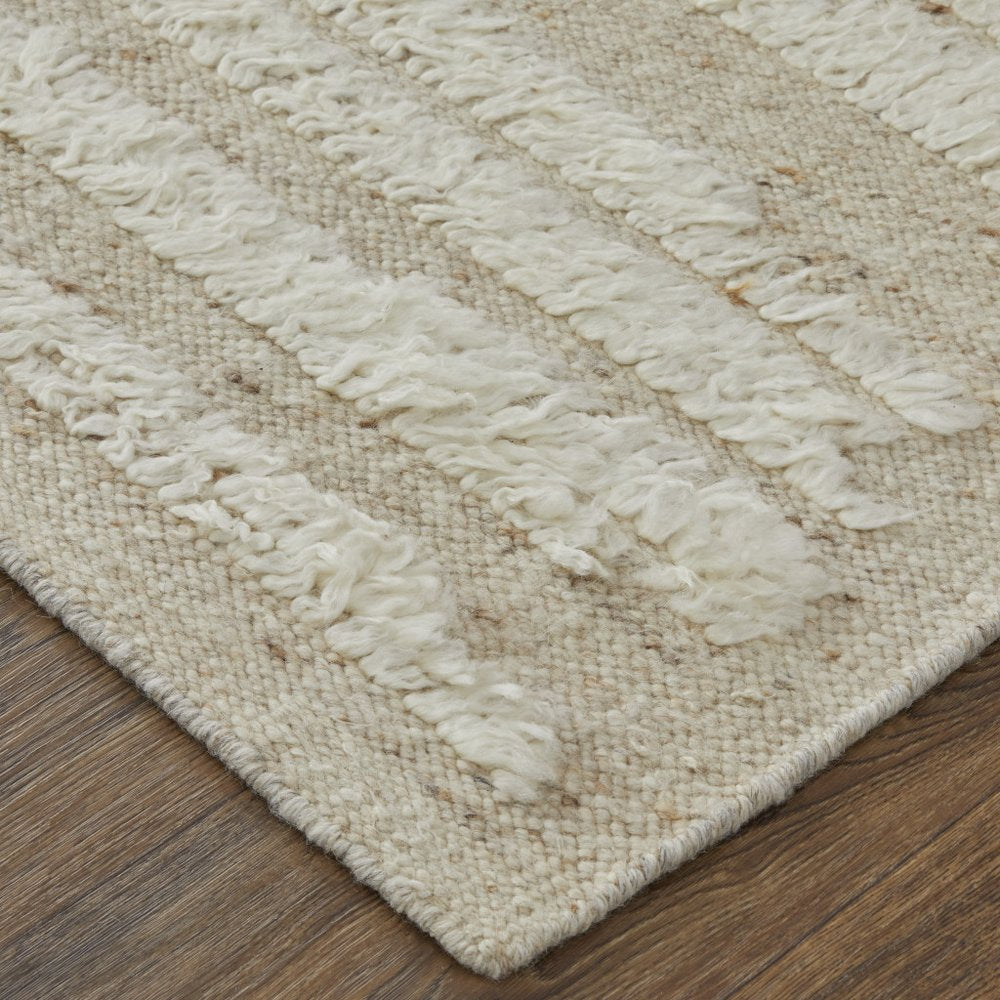 9' X 13' White and Tan Wool Striped Hand Woven Area Rug