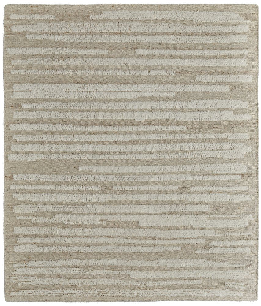 9' X 13' White and Tan Wool Striped Hand Woven Area Rug