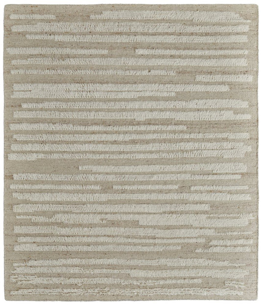 9' X 13' White and Tan Wool Striped Hand Woven Area Rug