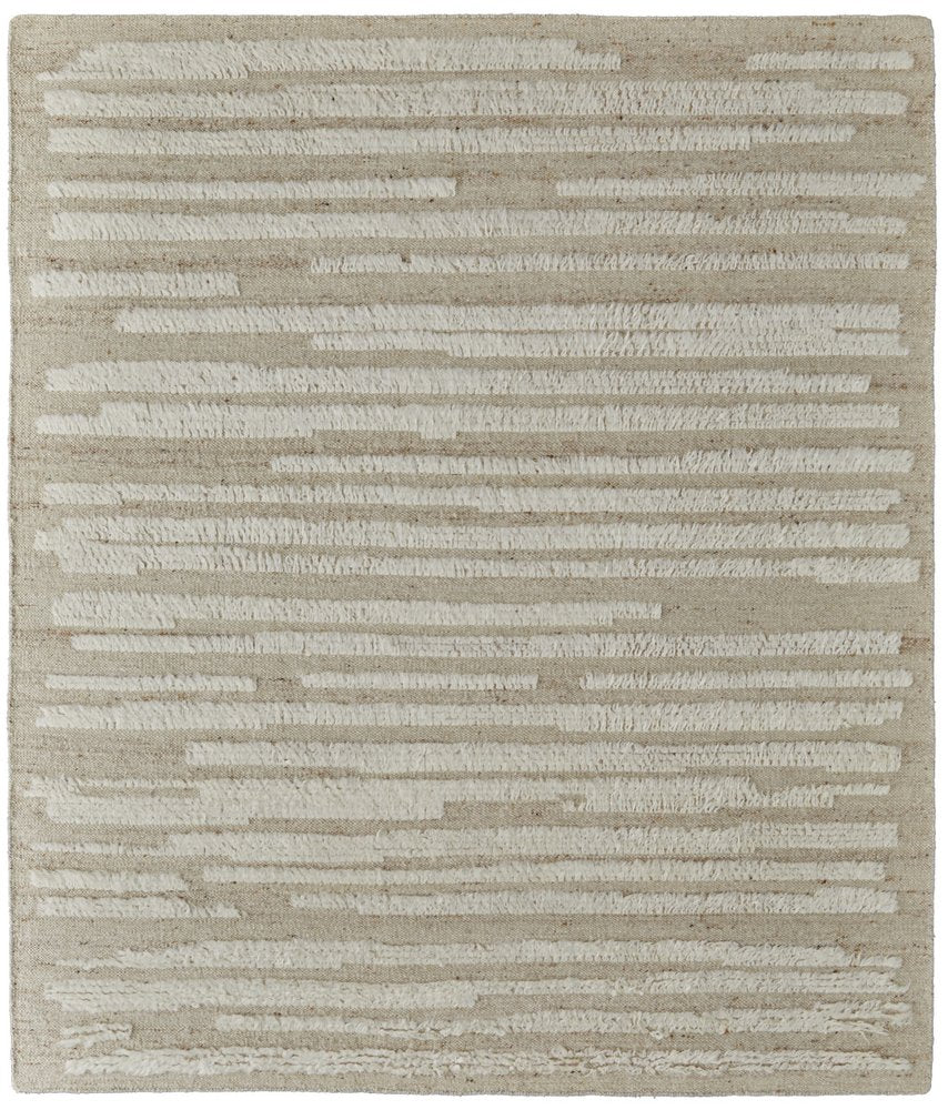 9' X 13' White and Tan Wool Striped Hand Woven Area Rug