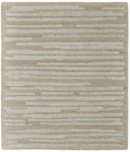 9' X 13' White and Tan Wool Striped Hand Woven Area Rug