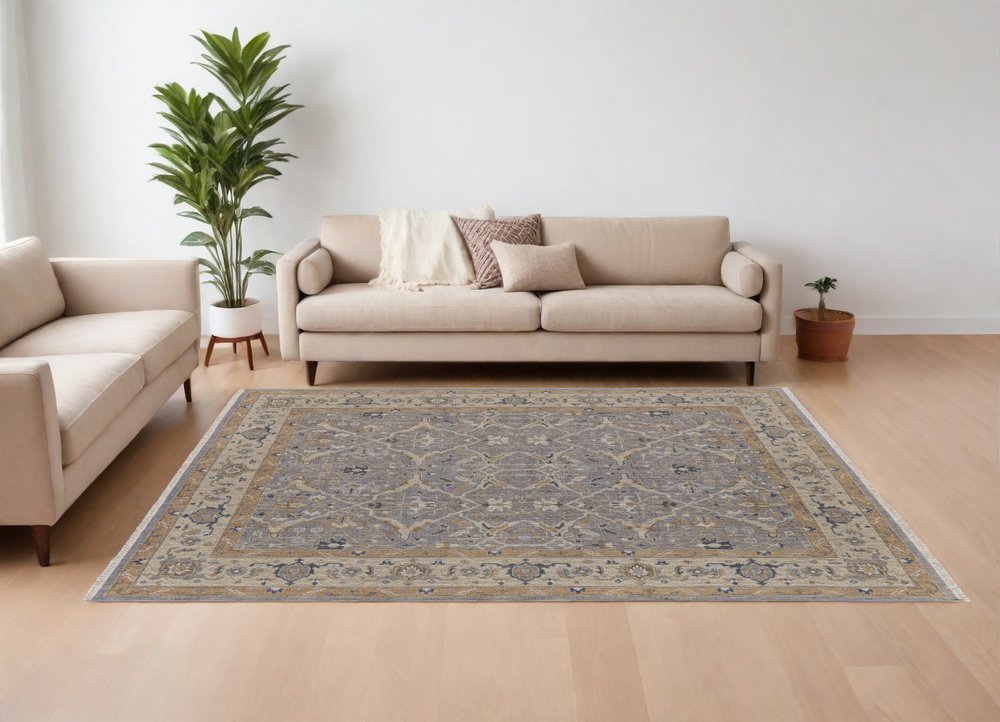 9' X 13' Tan and Gray Wool Oriental Hand Knotted Area Rug With Fringe
