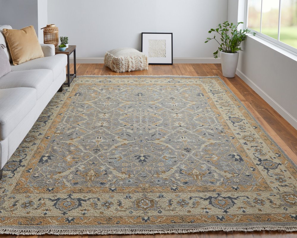 9' X 13' Tan and Gray Wool Oriental Hand Knotted Area Rug With Fringe