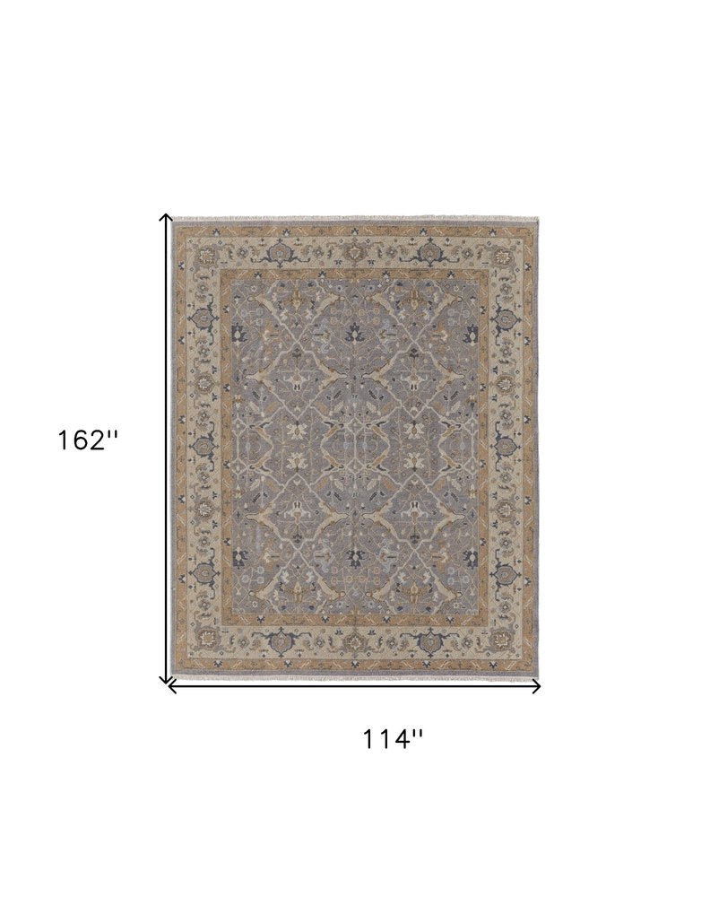 9' X 13' Tan and Gray Wool Oriental Hand Knotted Area Rug With Fringe