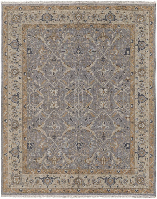 9' X 13' Tan and Gray Wool Oriental Hand Knotted Area Rug With Fringe
