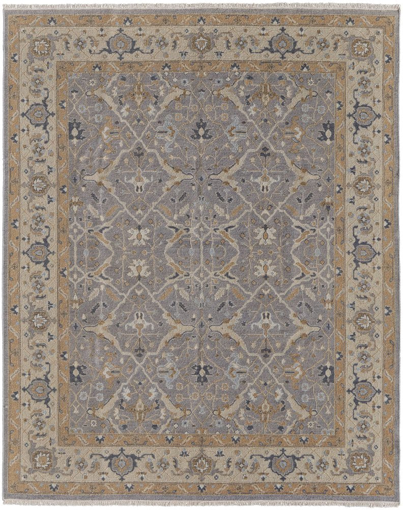 9' X 13' Tan and Gray Wool Oriental Hand Knotted Area Rug With Fringe