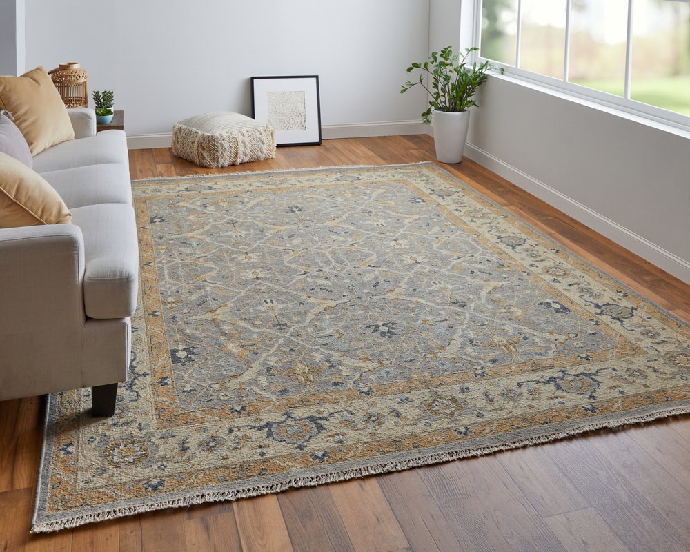 9' X 13' Tan and Gray Wool Oriental Hand Knotted Area Rug With Fringe