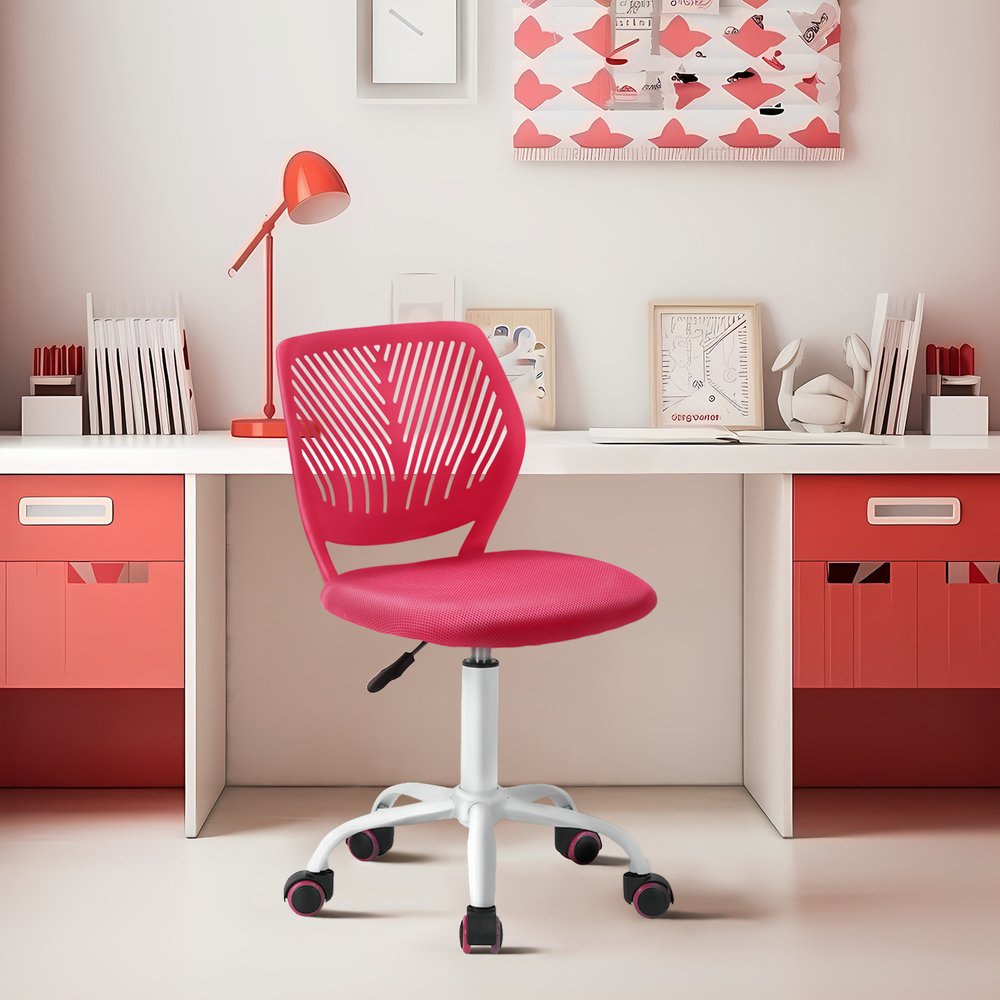 Pink and white adjustable height swivel rolling office chair with casters and armrests, designed for comfort and mobility.