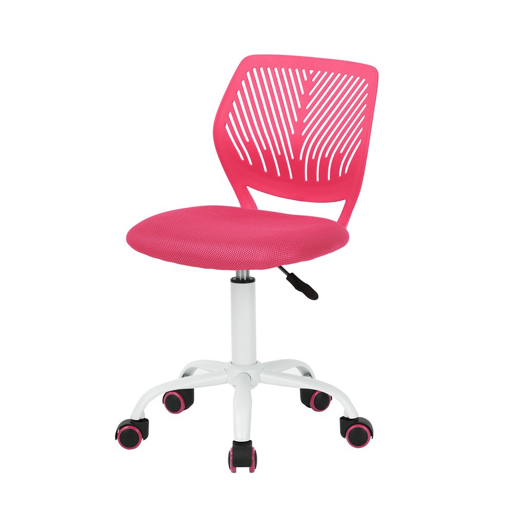 Pink and white adjustable height swivel office chair by HomeRoots with rolling casters and ergonomic design.