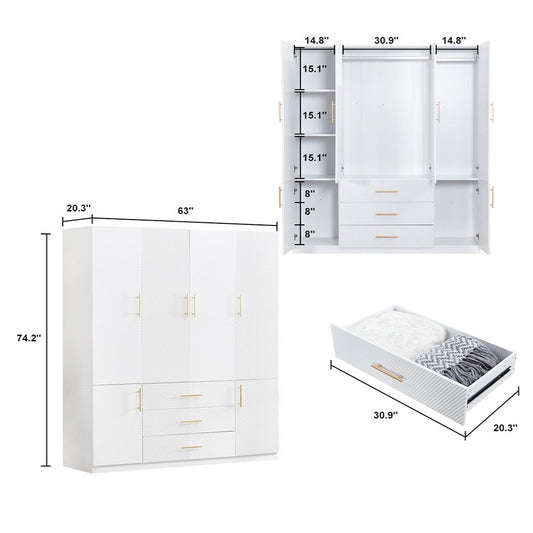74" White Carved Geometric Six Door Three Drawer Combo Dresser