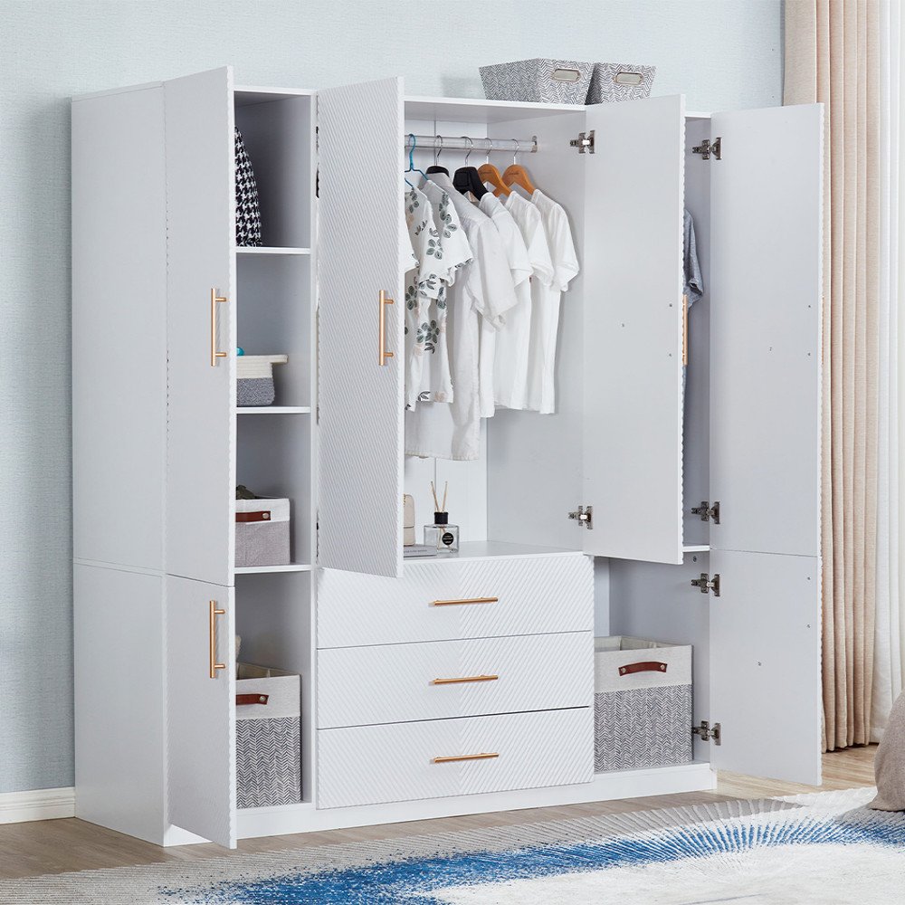 74" White Carved Geometric Six Door Three Drawer Combo Dresser