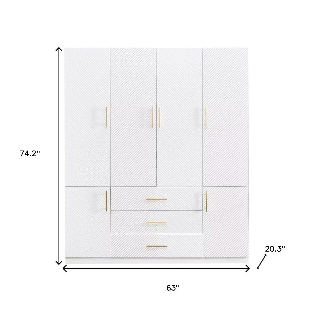 74" White Carved Geometric Six Door Three Drawer Combo Dresser