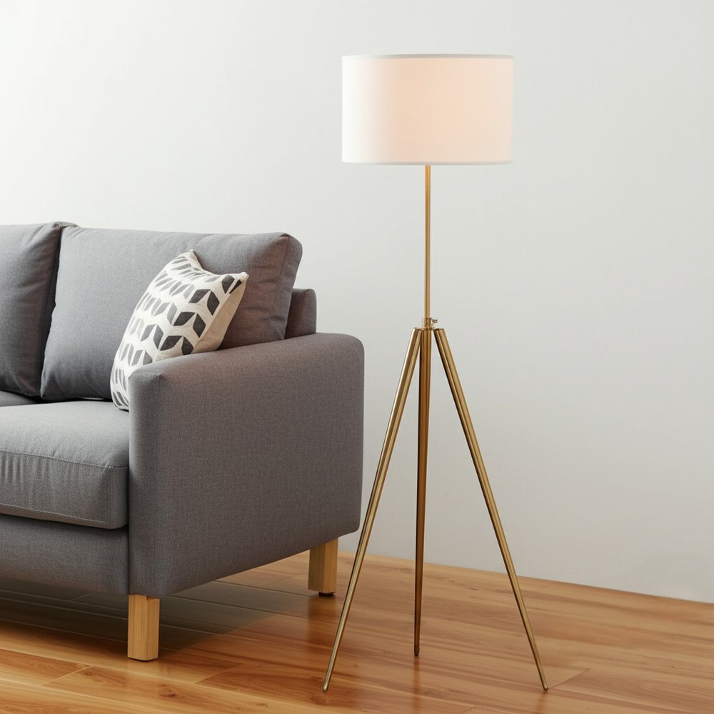Gold Metal Adjustable Tripod Floor Lamp With White Linen Drum Shade - Anthony & Home