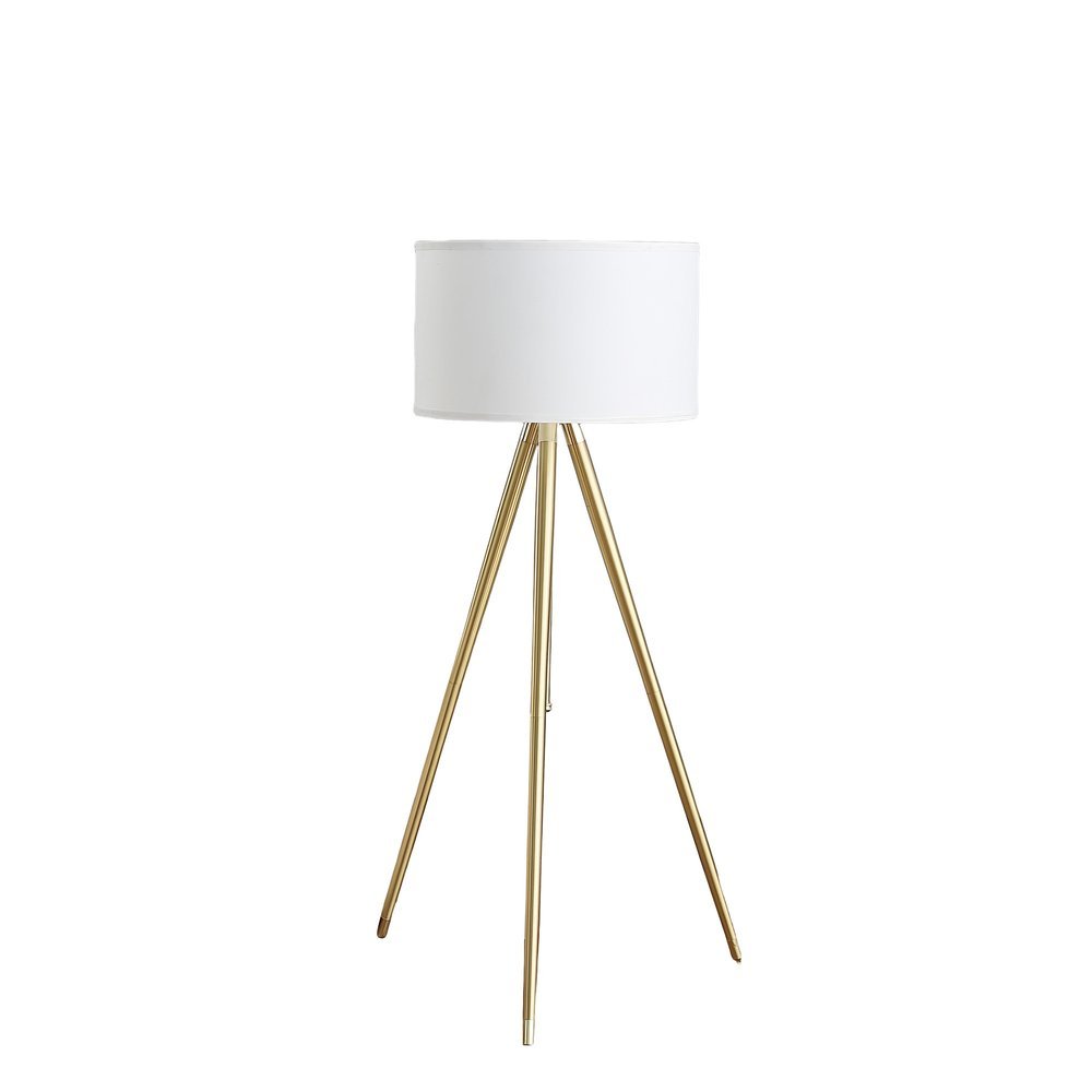 Gold Metal Adjustable Tripod Floor Lamp With White Linen Drum Shade - Anthony & Home