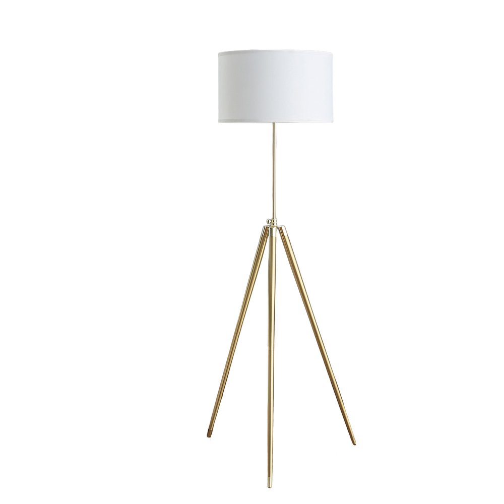 Gold Metal Adjustable Tripod Floor Lamp With White Linen Drum Shade - Anthony & Home