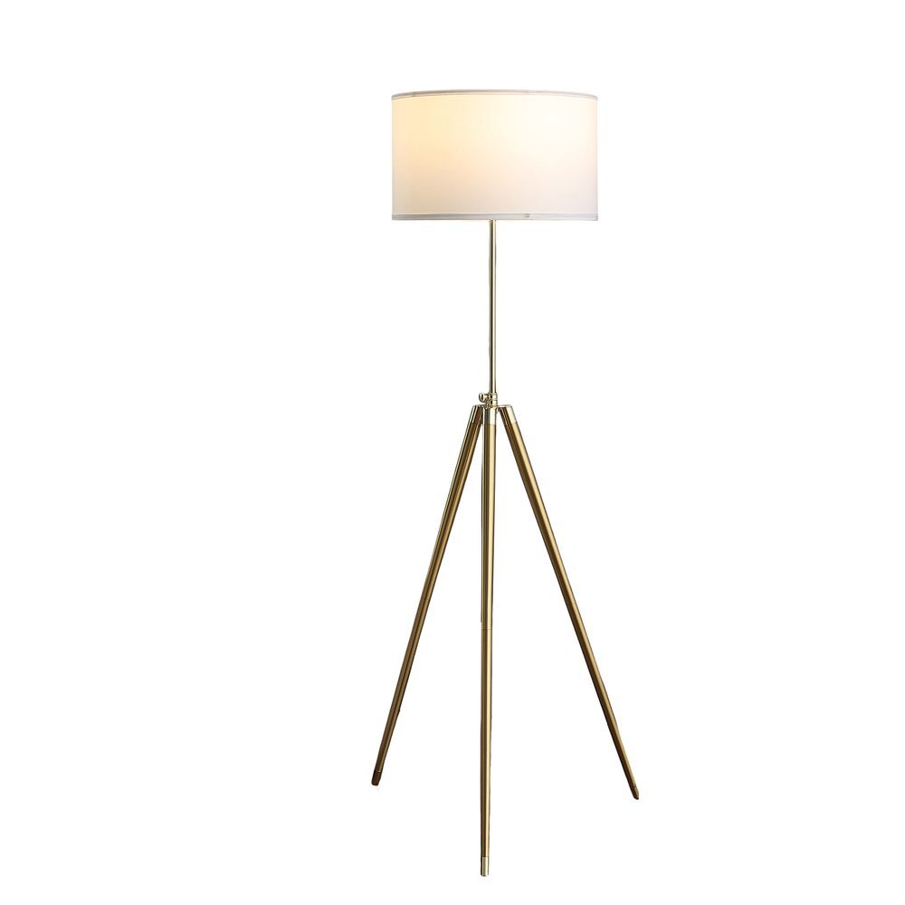 Gold Metal Adjustable Tripod Floor Lamp With White Linen Drum Shade - Anthony & Home