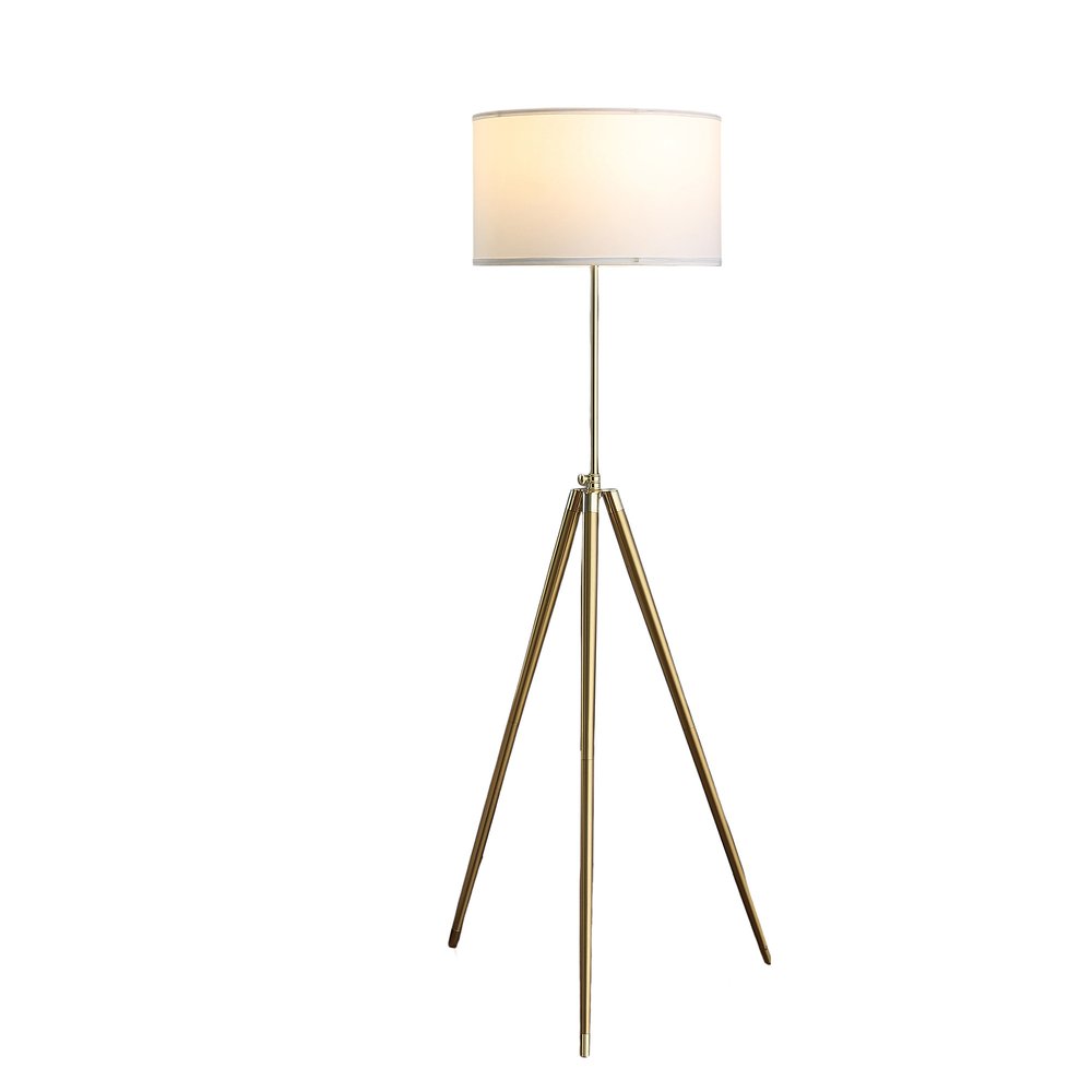Gold Metal Adjustable Tripod Floor Lamp White Linen Shade
